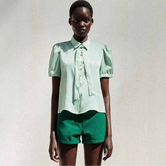 ZARA Satin Blouse With Rhinestone Buttons - Picture 2 of 7